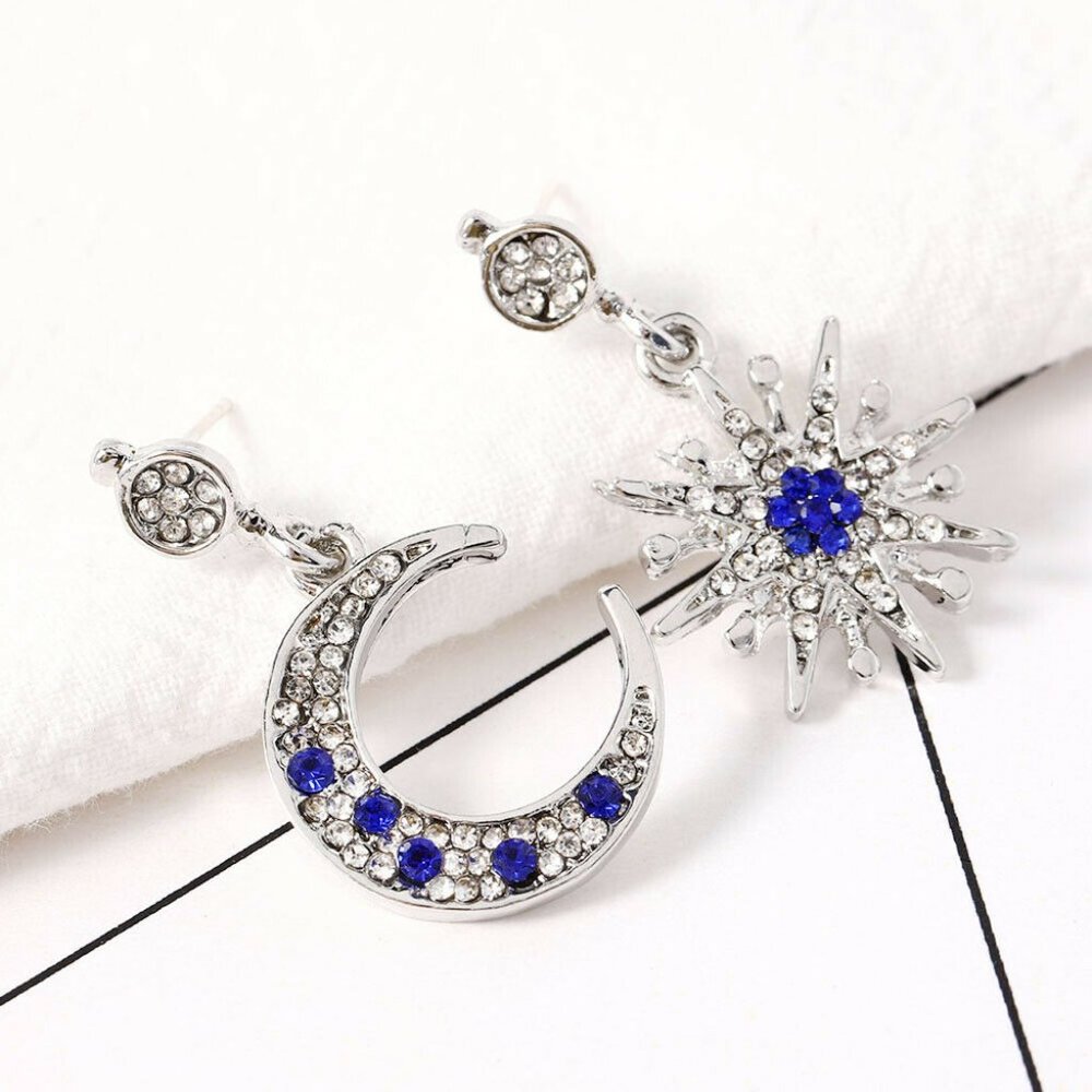 Silver Drop Blue Sapphire Moon Star Earrings - Picture 7 of 9